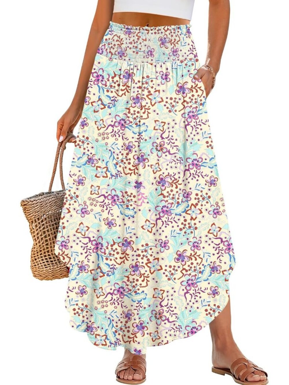 Women's Multicolor Boho Floral High Waisted Smocked Flowy Pocket Maxi Skirt